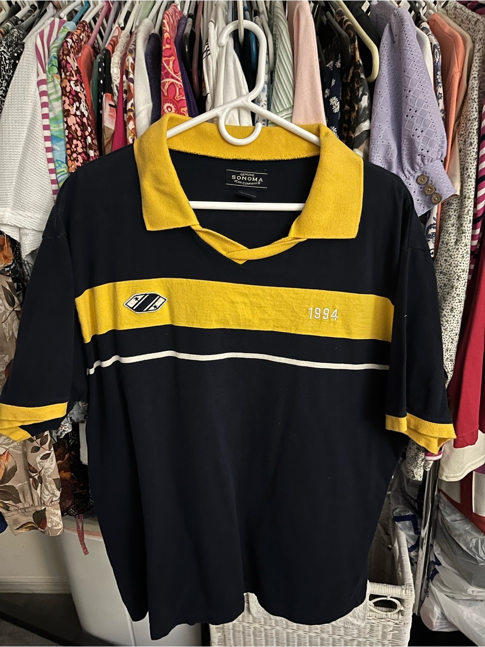 Sonoma Navy and Yellow Striped Polo with 1994 Detail